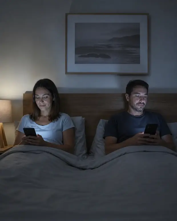 Casal deitado, cada um no seu celular